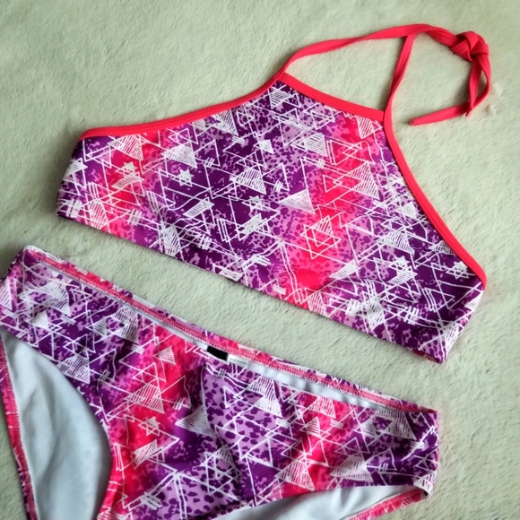 AQUA BLU Australia Teen Geometric Print Halter Bikini Set Girls Size 14 - Picture 3 of 10